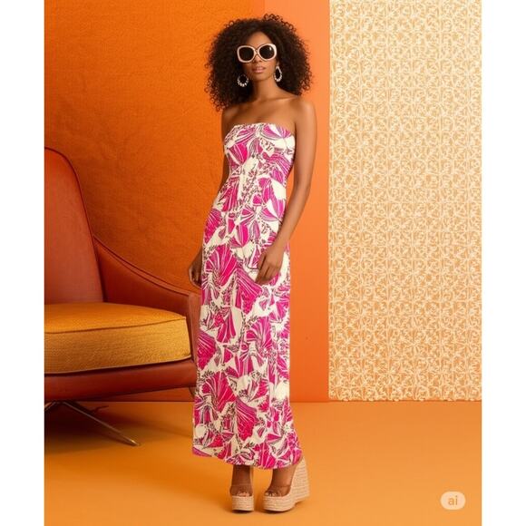 Julie Brown Dresses & Skirts - Julie Brown Strapless Maxi Dress Linen Retro 70’s Floral Pink Women's Size 2
